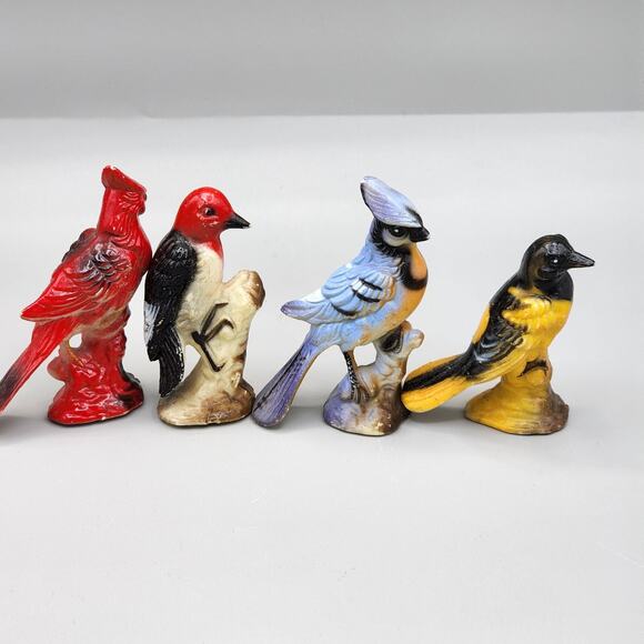 Vintage Set 4 Celluloid Bird Figurines 40-50s 2.5" Cardinal Blue Bird Plastic - Picture 2 of 13